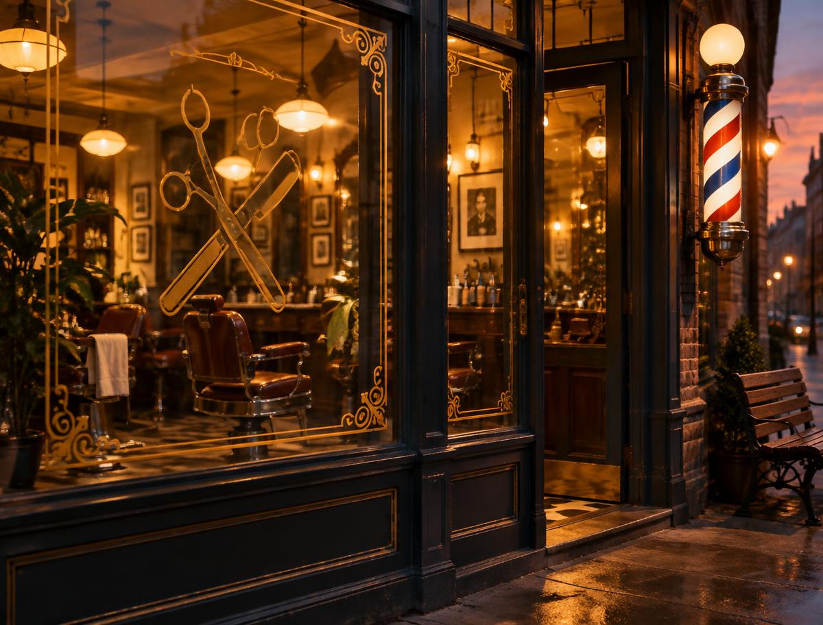 The Halve & Hatch storefront at dusk, painted glass and a lit barber pole