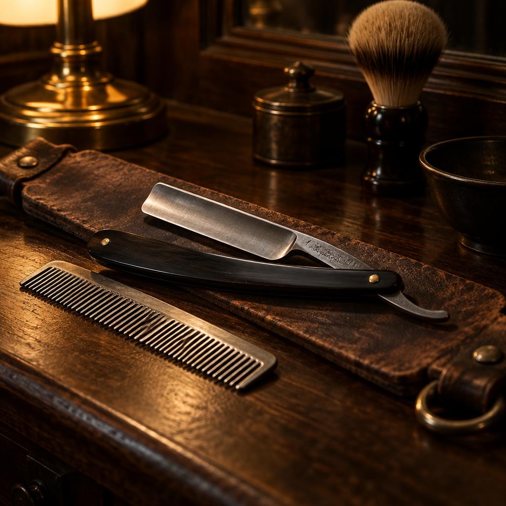 A straight razor and comb on a leather strop